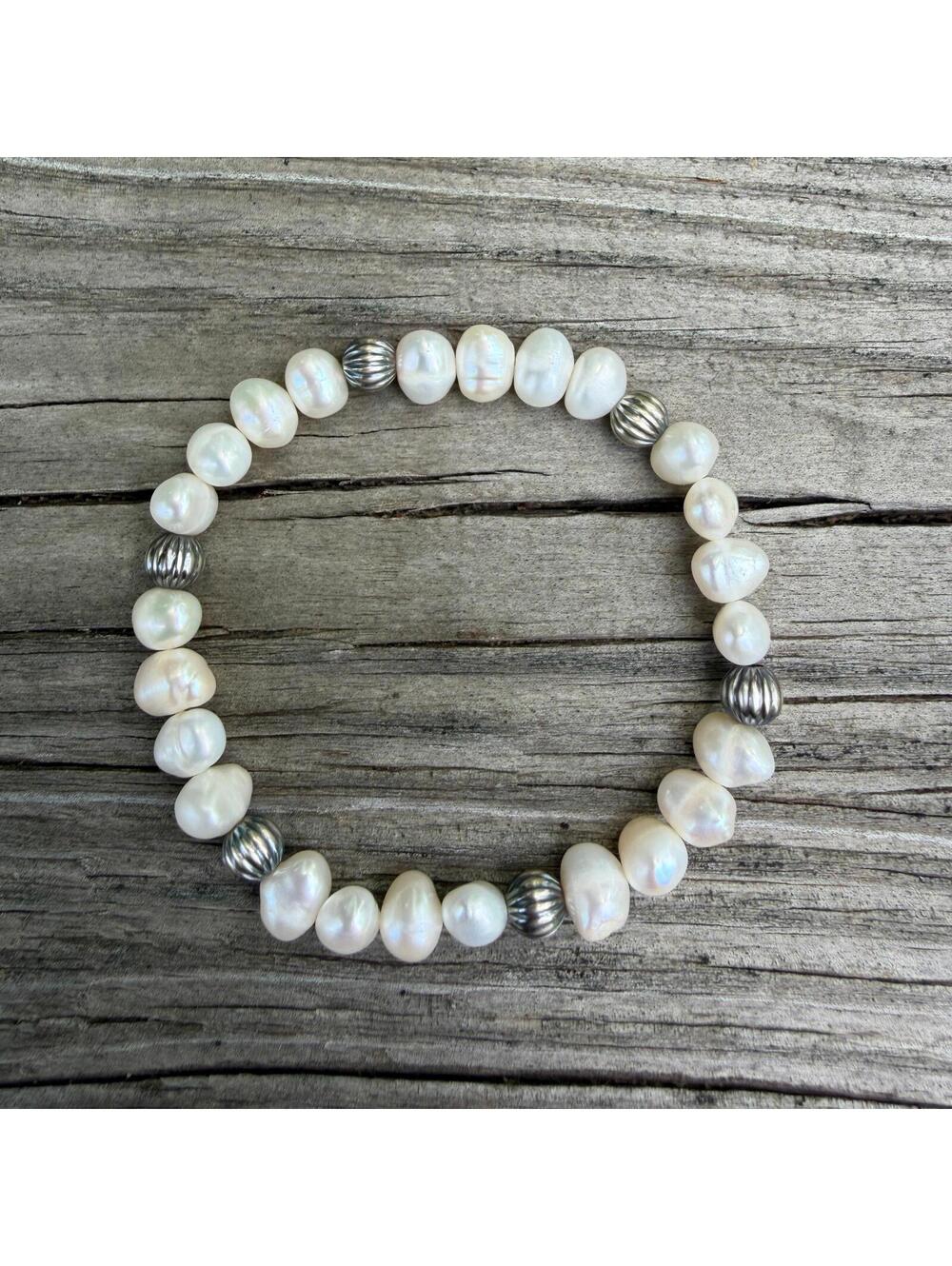 Freshwater Pearl Stretch Bracelet with 6mm Sterling Pumpkin Beads 6"/6.5"/7"